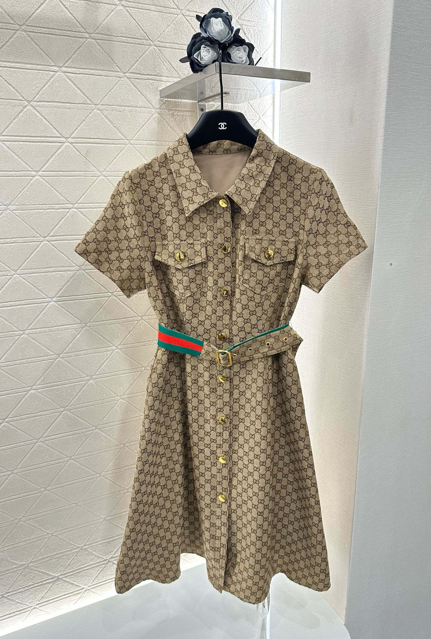 G Belted Jacquard Lapel Dress 1825090802