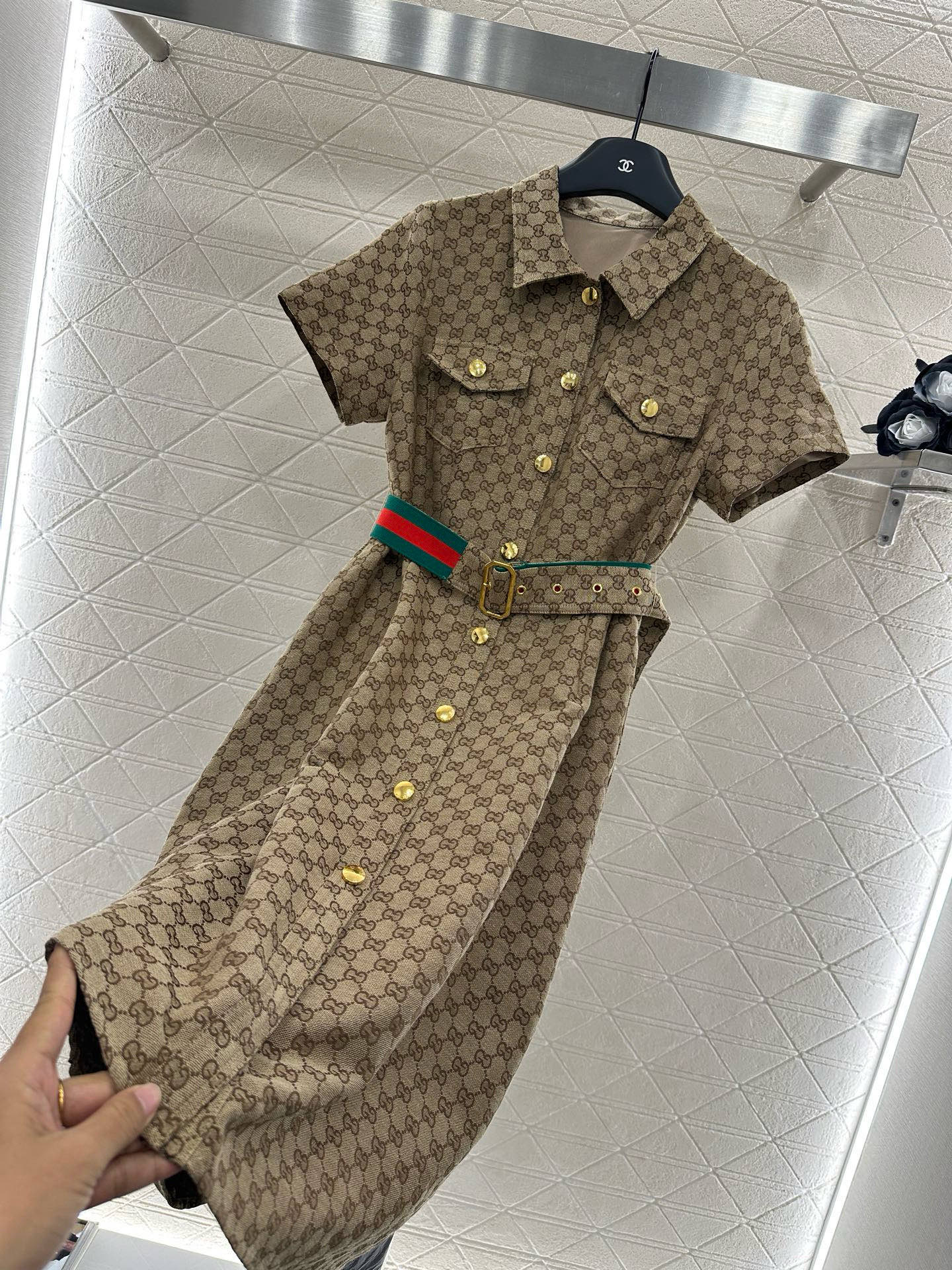 G Belted Jacquard Lapel Dress 1825090802