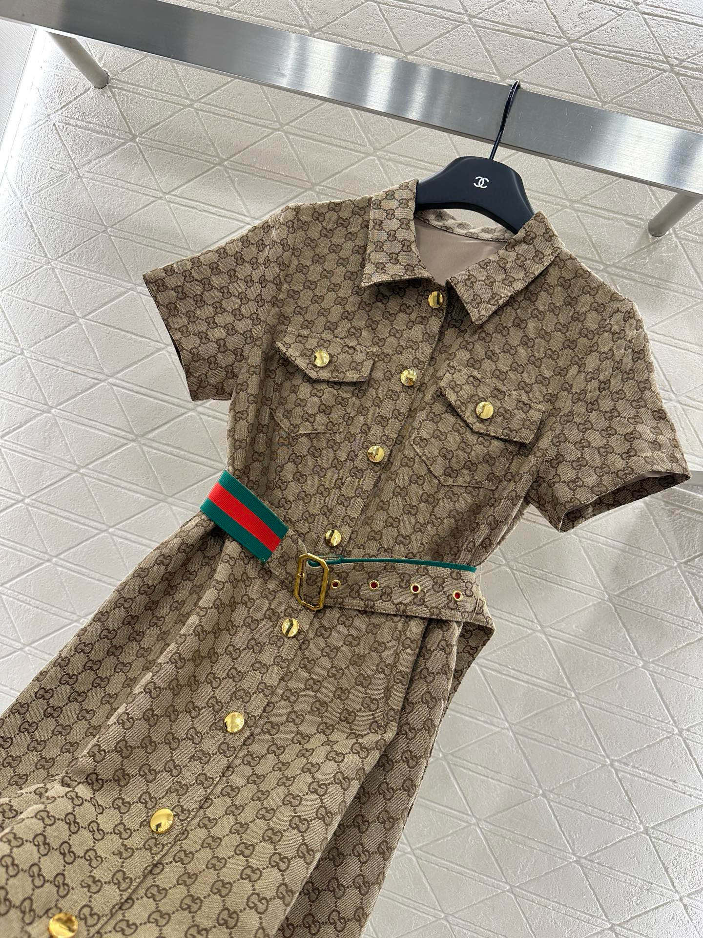 G Belted Jacquard Lapel Dress 1825090802