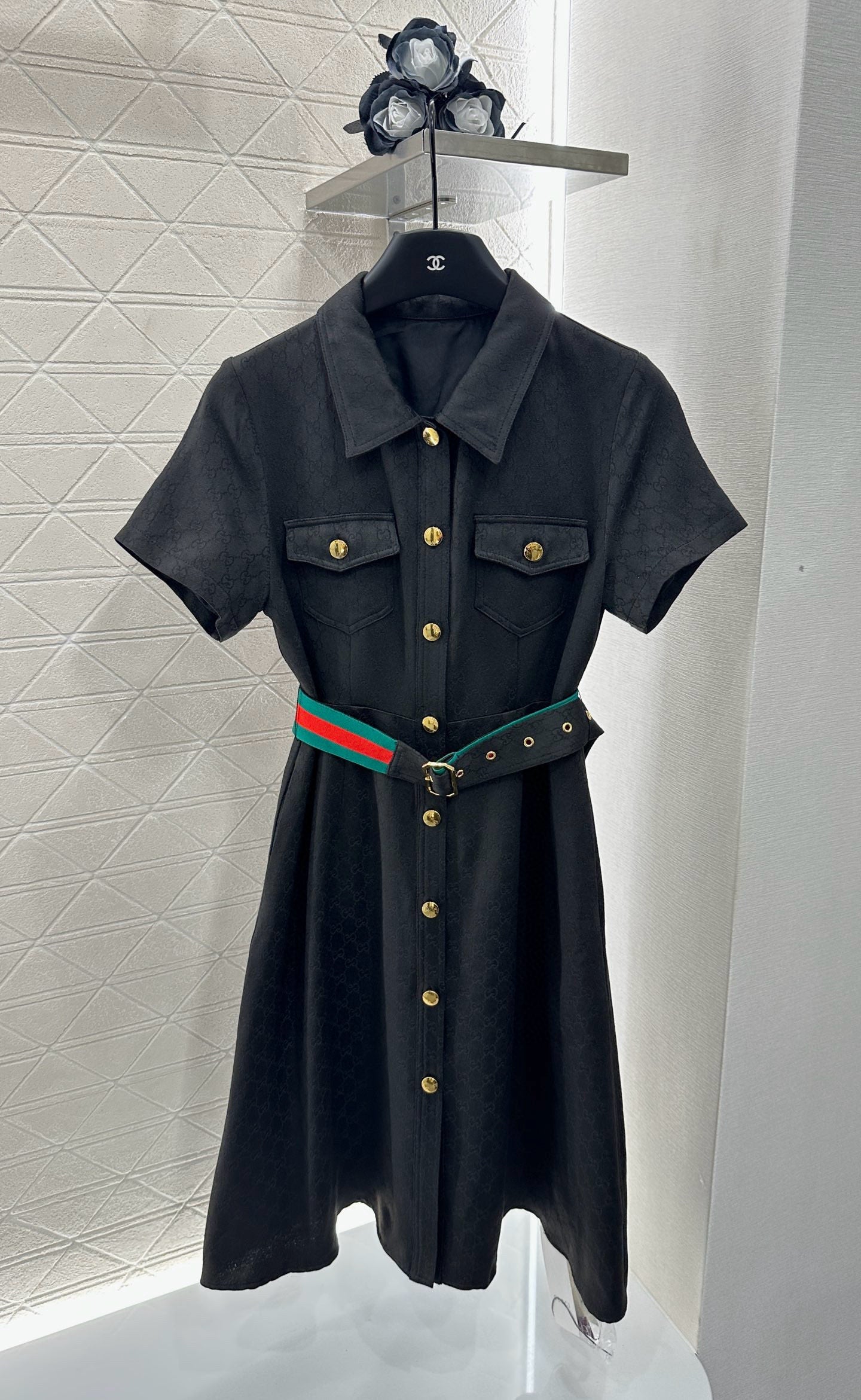 G Belted Jacquard Lapel Dress 1825090802