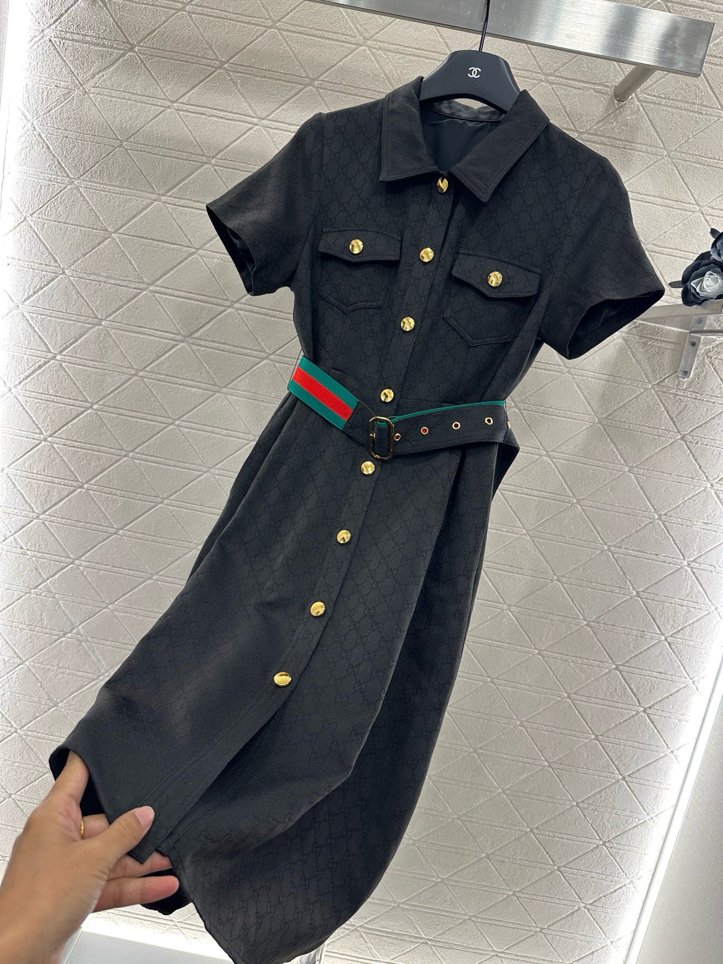 G Belted Jacquard Lapel Dress 1825090802