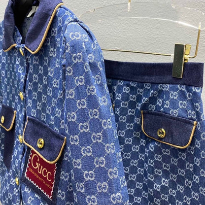 New spring and summer lapel short top + skirt jacquard monogram full print short sleeve coat