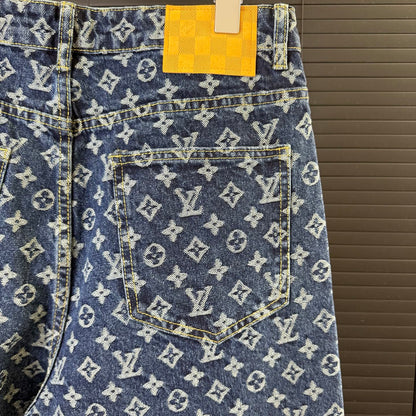 LV Cotton Pleated All Over Print Side Leather Jeans  1825042508