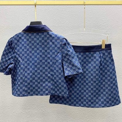 New spring and summer lapel short top + skirt jacquard monogram full print short sleeve coat