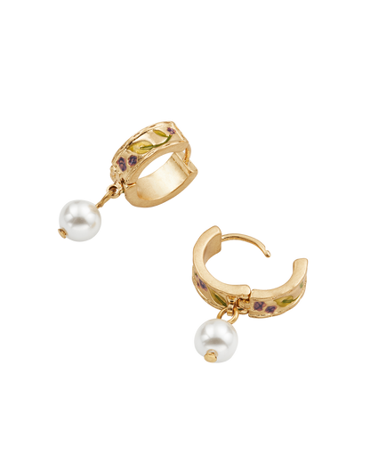 Gold Blackberry Bramble Pearl Drop Huggie Earrings