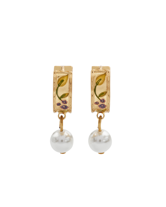 Gold Blackberry Bramble Pearl Drop Huggie Earrings