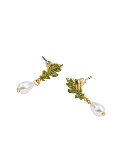 Gold Oak Leaf Pearl Drop Earrings