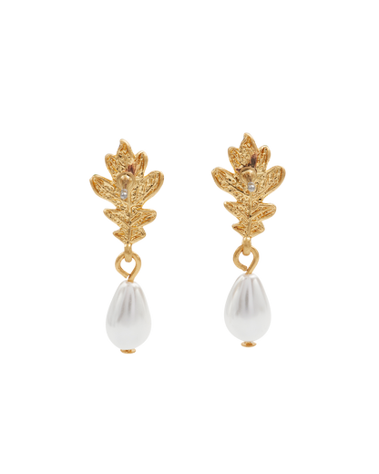 Gold Oak Leaf Pearl Drop Earrings