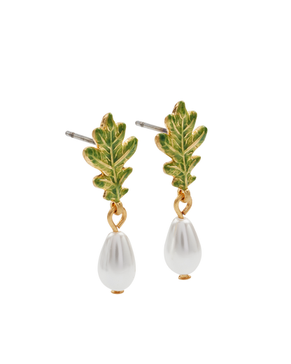 Gold Oak Leaf Pearl Drop Earrings