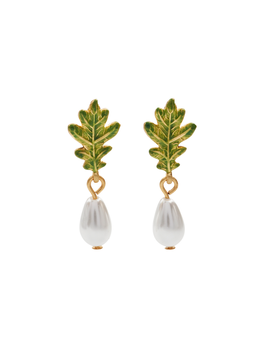 Gold Oak Leaf Pearl Drop Earrings