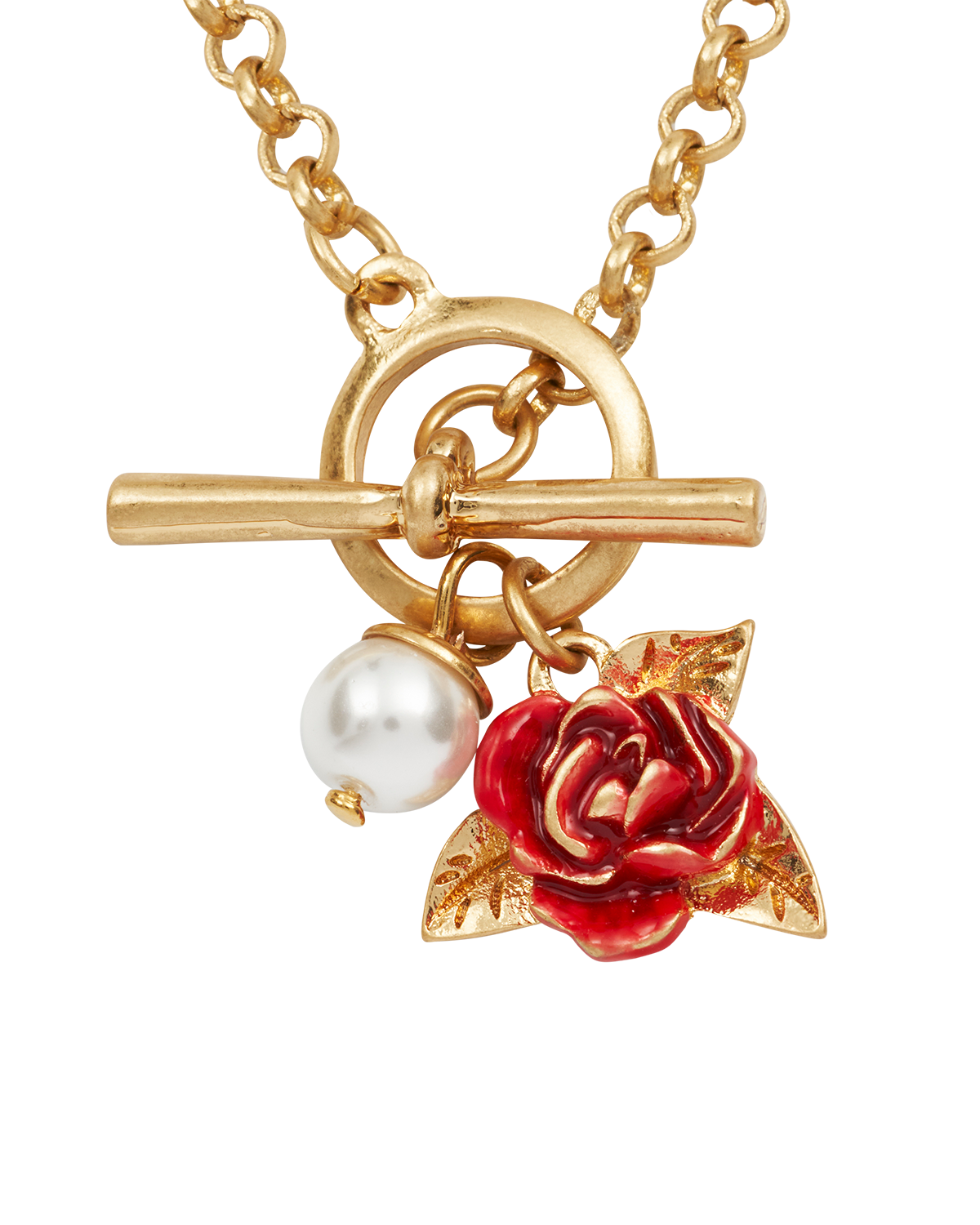 Gold English Rose Pearl Toggle Necklace