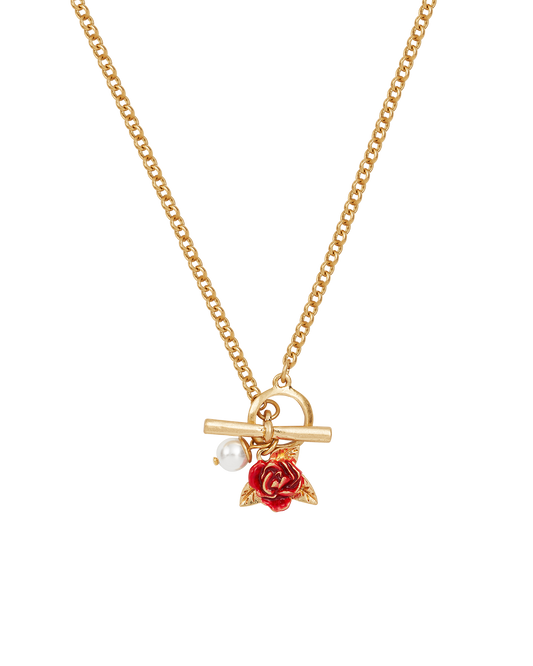 Gold English Rose Pearl Toggle Necklace