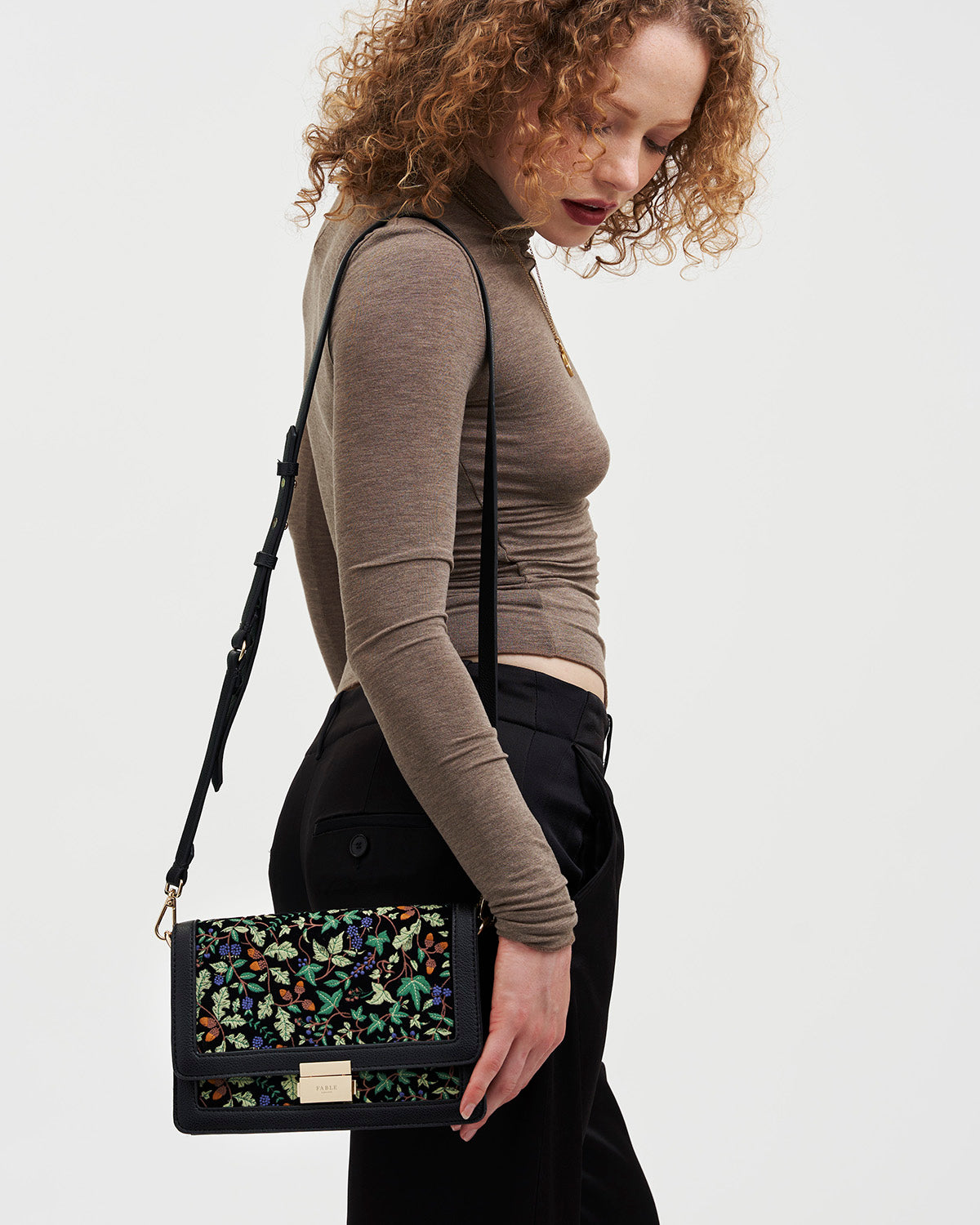 Black Embroidered Fold Over Bag