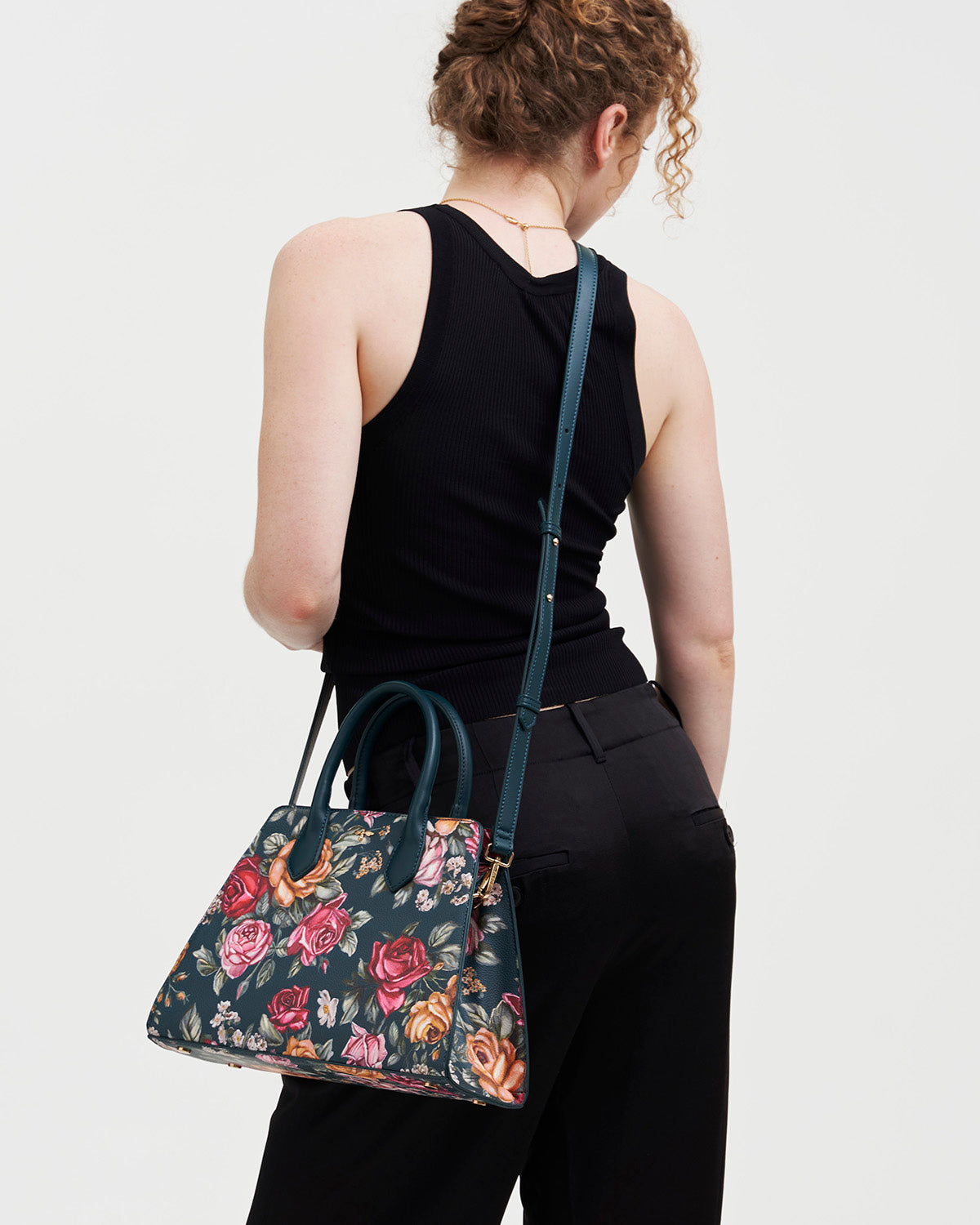 Teal Roses Structured Tote Medium