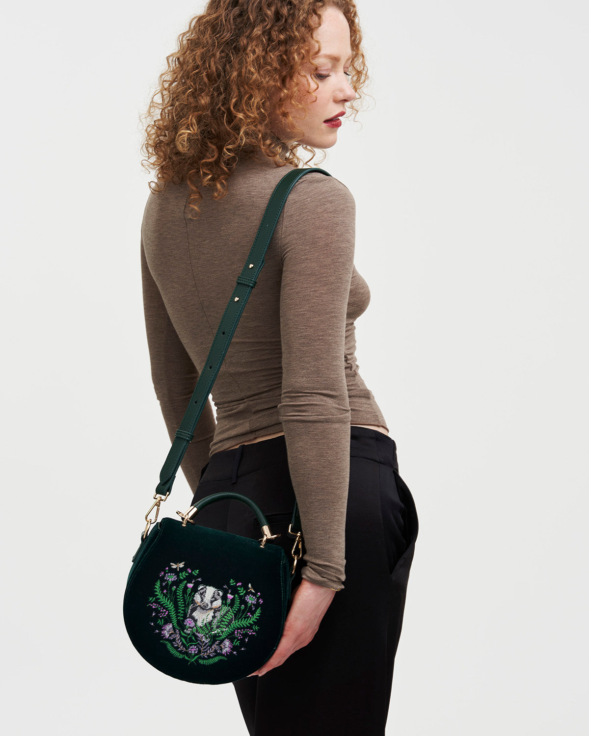 Green Badger Embroidered Top Handle Saddle Bag