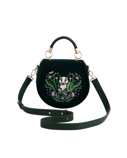 Green Badger Embroidered Top Handle Saddle Bag
