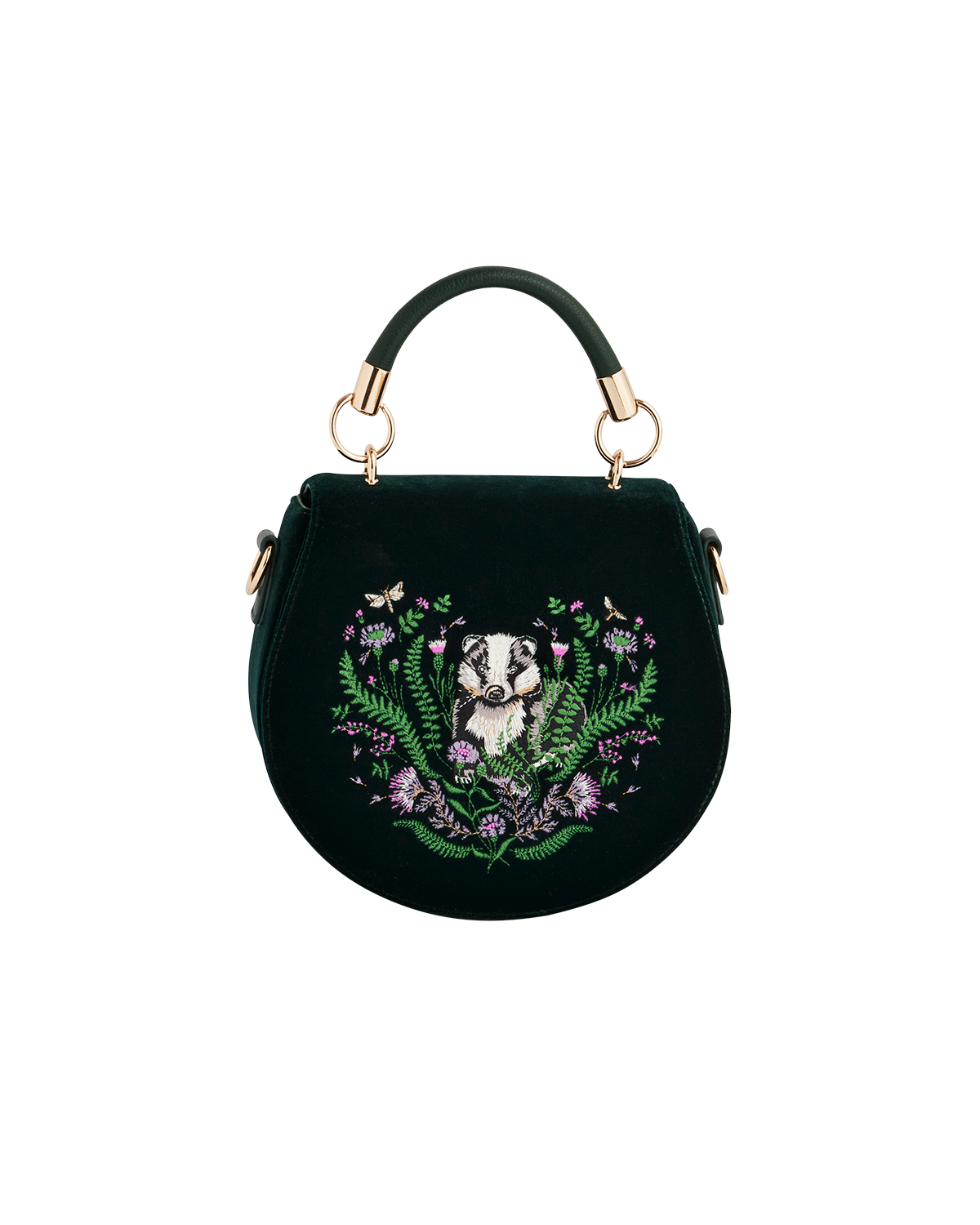 Green Badger Embroidered Top Handle Saddle Bag