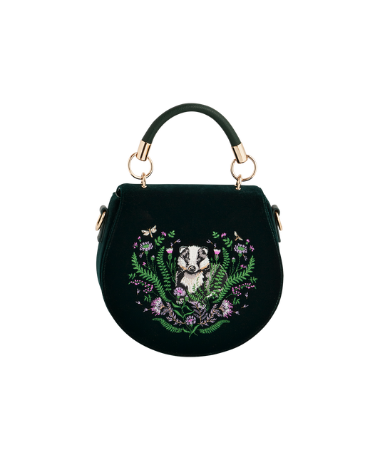 Green Badger Embroidered Top Handle Saddle Bag