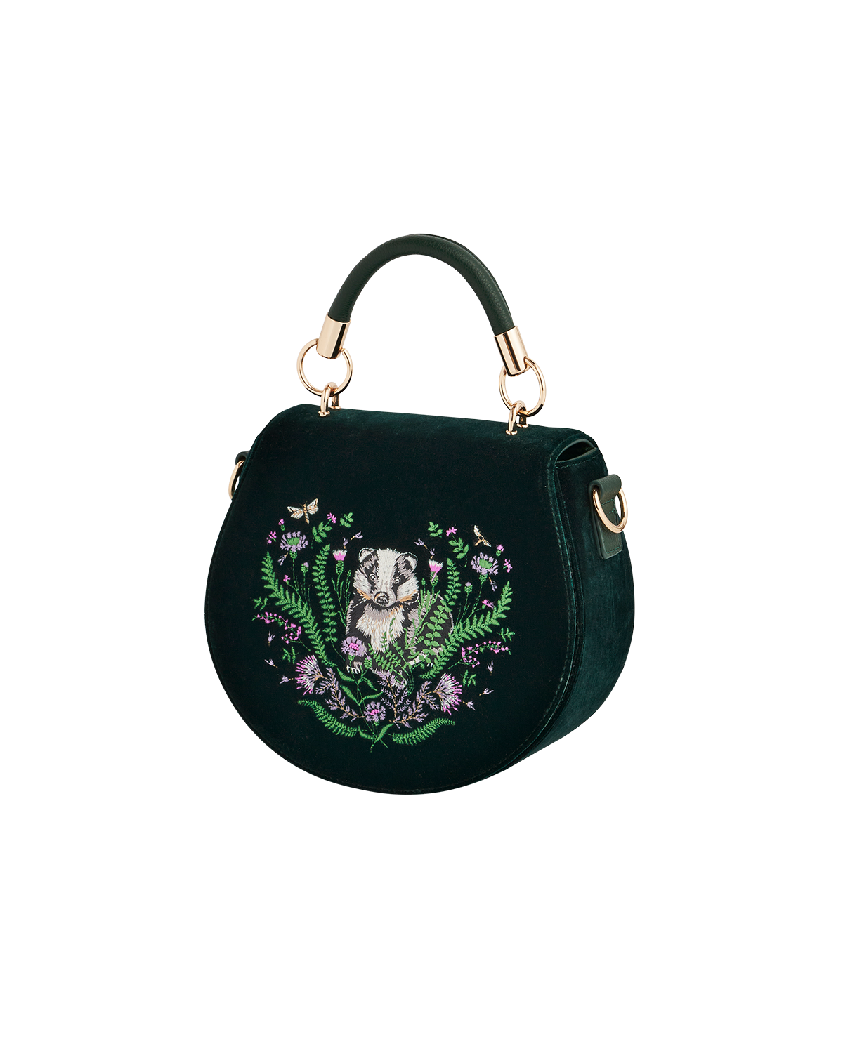 Green Badger Embroidered Top Handle Saddle Bag