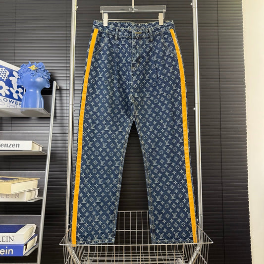 LV Cotton Pleated All Over Print Side Leather Jeans  1825042508