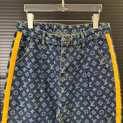 LV Cotton Pleated All Over Print Side Leather Jeans  1825042508