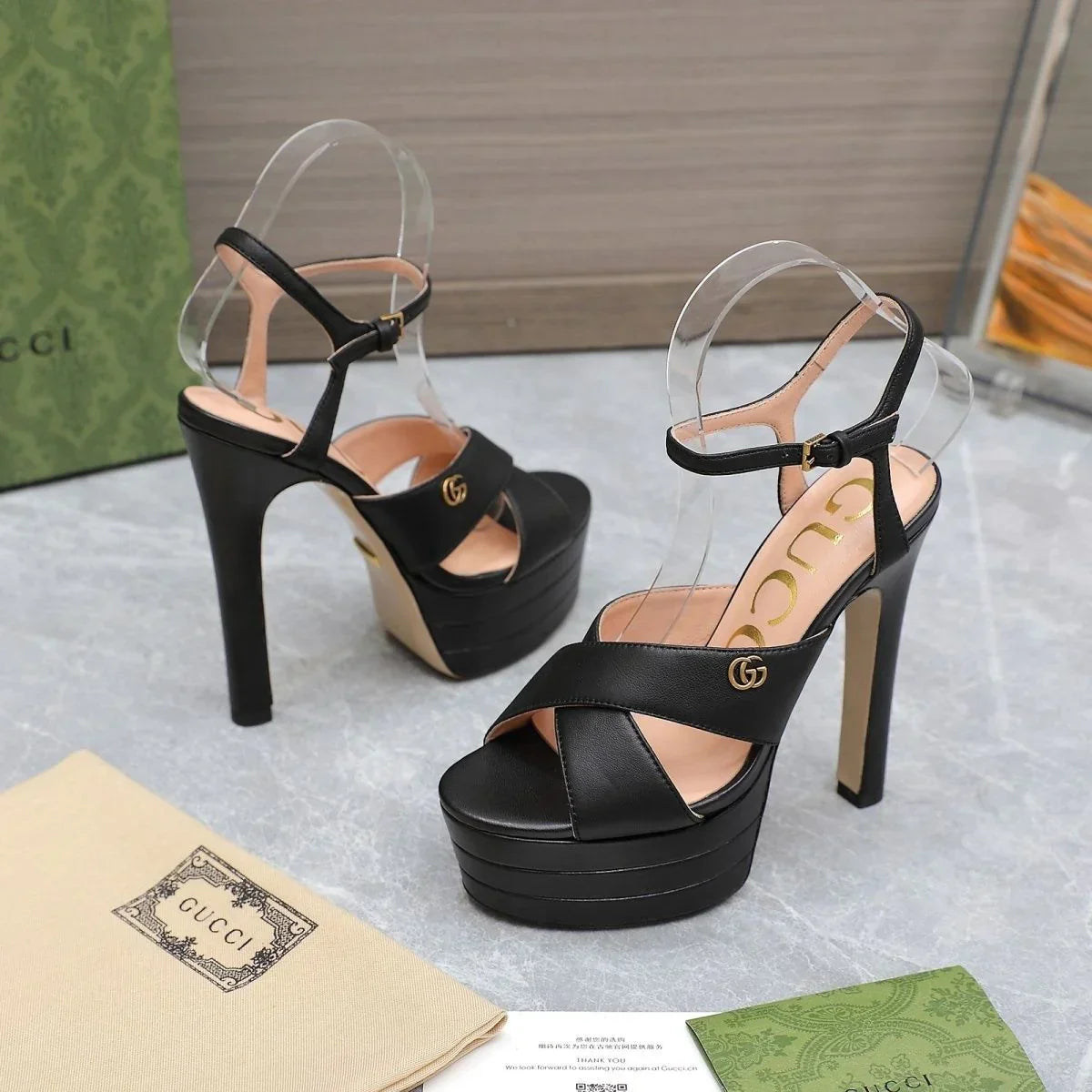 New Black Leather G Logo women's fashion high-heeled
