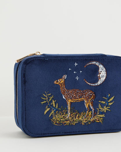 Deer & Moon Embroidered Large Jewellery Box Blueberry Velvet