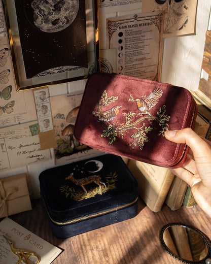 Deer & Moon Embroidered Large Jewellery Box Blueberry Velvet