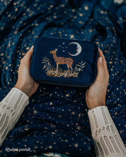 Deer & Moon Embroidered Large Jewellery Box Blueberry Velvet
