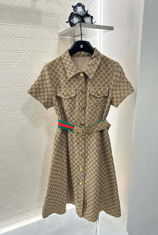 G Belted Jacquard Lapel Dress 1825090802