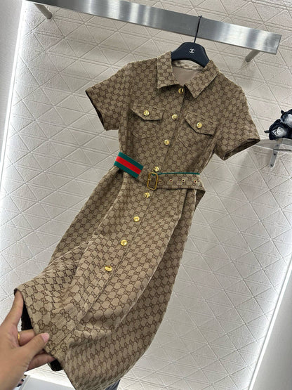 G Belted Jacquard Lapel Dress 1825090802