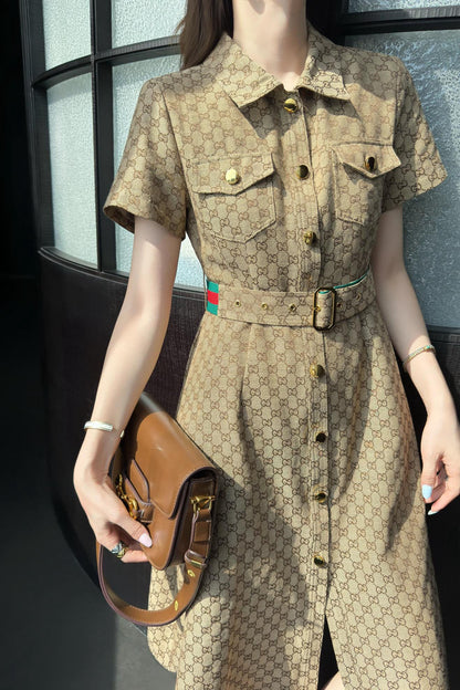 G Belted Jacquard Lapel Dress 1825090802