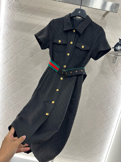 G Belted Jacquard Lapel Dress 1825090802