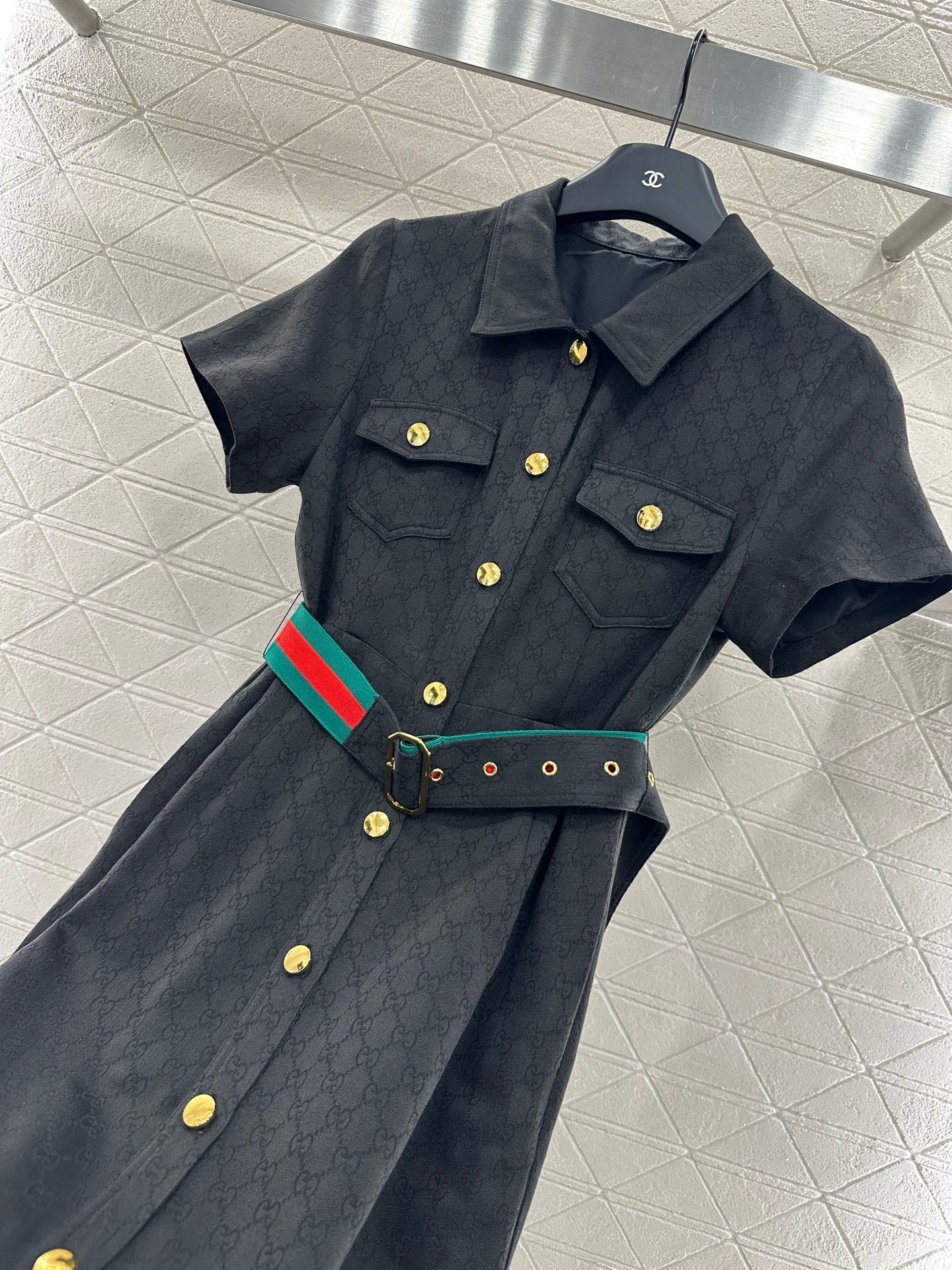 G Belted Jacquard Lapel Dress 1825090802