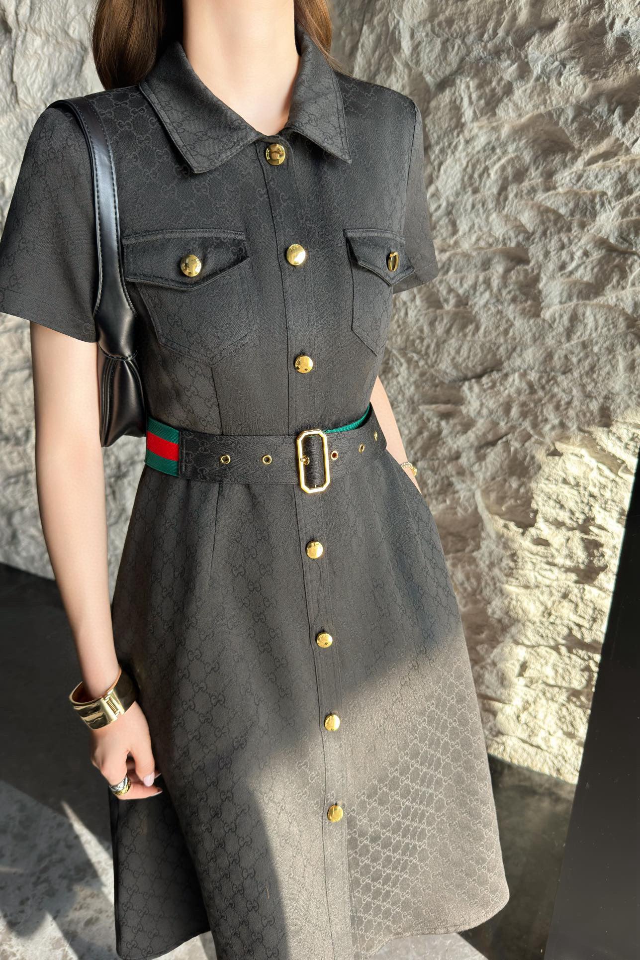 G Belted Jacquard Lapel Dress 1825090802